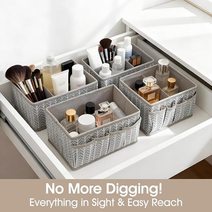 Cosmetic Storage Bins Makeup Organizer, Adjustable Multifunction Storage Box Desk Drawer Divider for Makeup Brushes, Bathroom Countertop or Dresser, Set of 4 (Grey)
