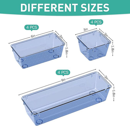 WOWBOX 9 Pack Clear Drawer Organizer Set, Acrylic Drawer Storage Trays, Storage Bins for Makeup, Cosmetics, Jewelries, Utensils, Gadgets, Office, Dark Blue