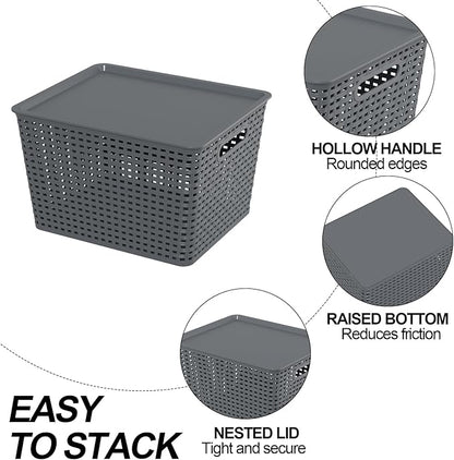 6-Pack Large Plastic Storage Baskets with Lid, Lidded Storage Organizer Bins, Gray