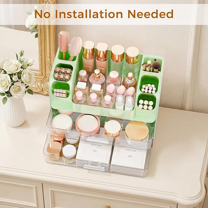 Makeup Organizer for Vanity with Brush Holder, Large Bathroom Countertop Organizer & Skincare Storage | Perfume, Cosmetics Display Case with Drawers (Green)
