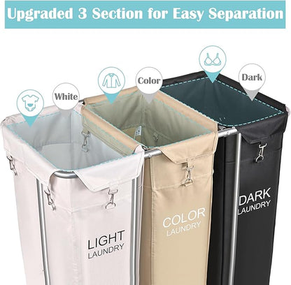 PLKOW Laundry Sorter 3 Section, 220L Large Laundry Cart with Wheels 3 Hamper Laundry Sorter with Steel Frame and Removable Bag, Rolling Laundry Cart for Home, Laundry Room, Hotel, 6 Bushel