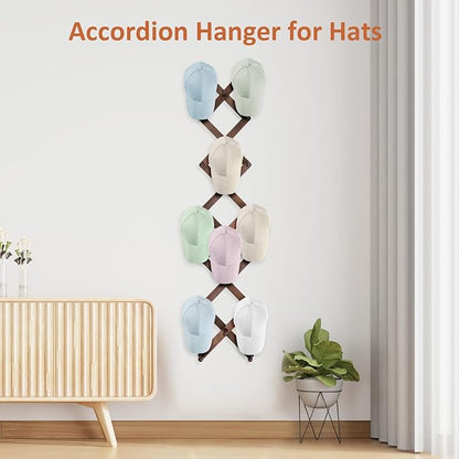 Accordion Wall Hanger, Hat Rack for Wall with 20 Coat Hooks, Expandable Hat Hangers Organizer, Vintage Decorative Coat Rack Wall Mount for Purse, Mug (Brown)