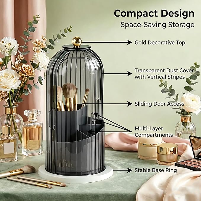 Makeup Brush Holder with Lid 360° Rotating 3-Compartment Makeup Organizers for Vanity, Waterproof & Dustproof Cosmetic Storage Box for Dressing Table (Transparent Black)