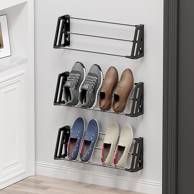 Wall Mounted Shoe Rack, 3 Pack Wall Shoe Rack Holds 6 pairs of shoes with Sticky Adhesive Strips, shoe organizer Space Saving Slim Organizer Racks Wall Mount Shoe Storage for Camper shoe hanger Black