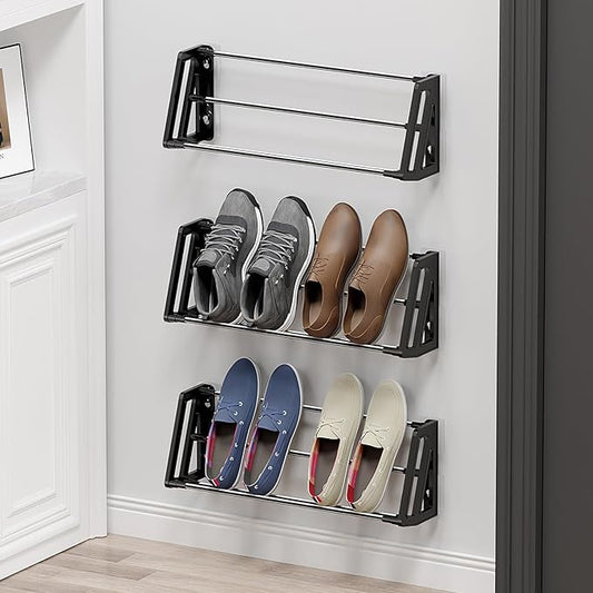 Wall Mounted Shoe Rack, 3 Pack Wall Shoe Rack Holds 6 pairs of shoes with Sticky Adhesive Strips, shoe organizer Space Saving Slim Organizer Racks Wall Mount Shoe Storage for Camper shoe hanger Black
