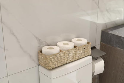 DOKOT Whitewash Seagrass Toilet Tank Basket with 3 Section, Toilet Paper Basket for Bathroom Organizing, Storage Basket for Kitchen, Dresser (16.5x5.7x3.5 inch)
