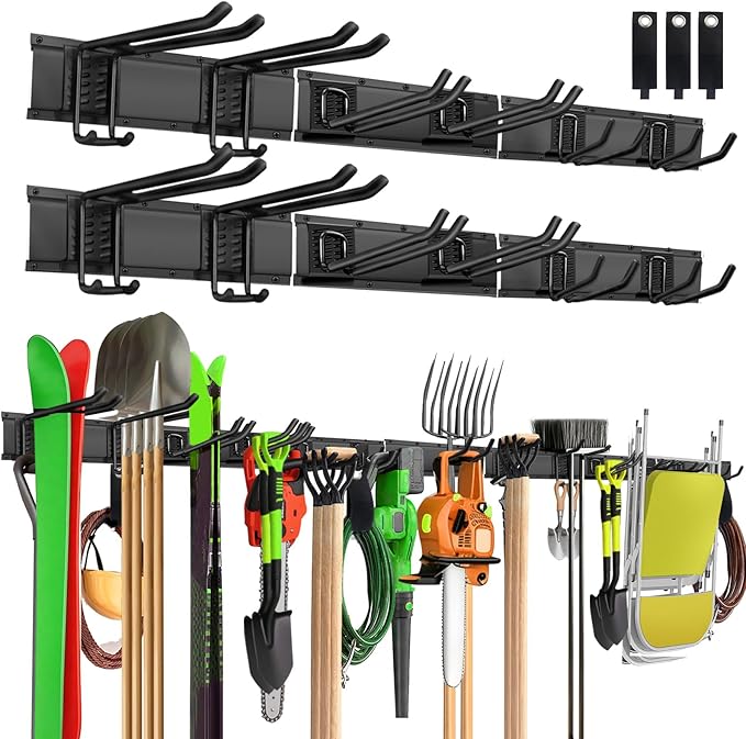 PIYILO Garage Wall Organizer, 96 in Garden Tool Organizer with 12 Adjustable Garage Hooks and 3 Storage Straps, Heavy Duty Tool Holder Wall Mount for Garden & Shed Tools
