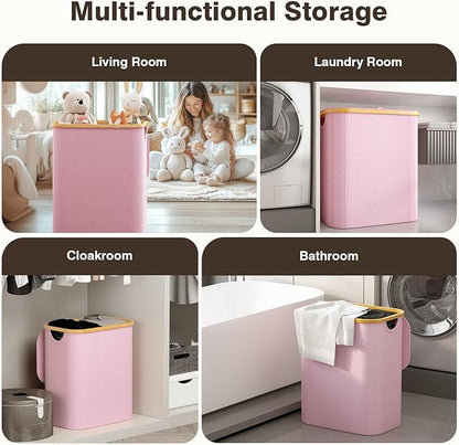 Hampers for Laundry Basket with Lid, 145L Extra Large 3 Section Clothes Divided Organizer for Bedroom, Laundry Room, Dirty Clothing Hamper, Pink