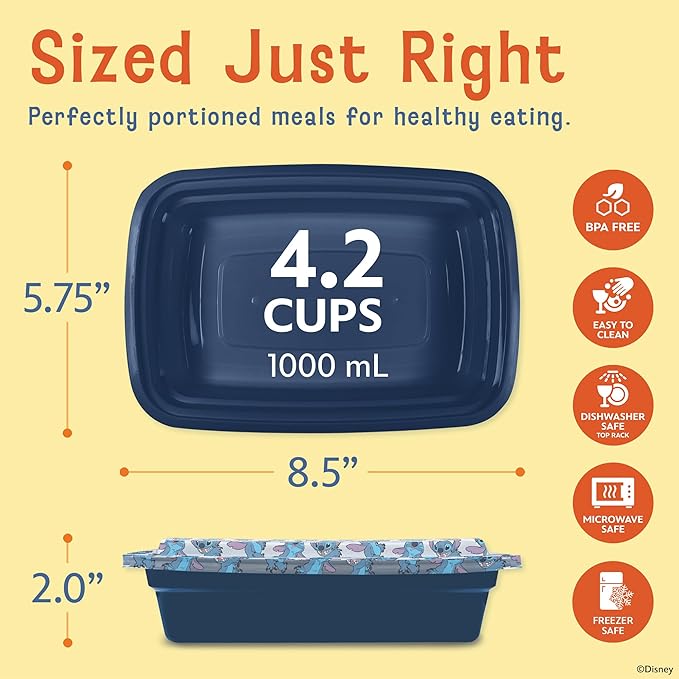 Best Brands Disney Meal Prep Containers - 20-Piece Reusable Food Containers with Lids - Freezer, Microwave & Dishwasher Safe - Featuring Mickey & Minnie, Lilo & Stitch - 33.8 Oz To Go Food Containers
