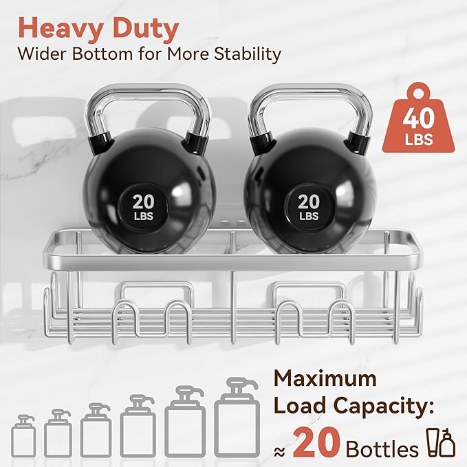 YASONIC Shower Caddy Adhesive 2-Pack, Rustproof Shower Organizer with Holder, No-Drill Shower Shelves for Inside the Shower, Large-Capacity Bathroom Organizers and Storage for Dorms & Renters, Silver