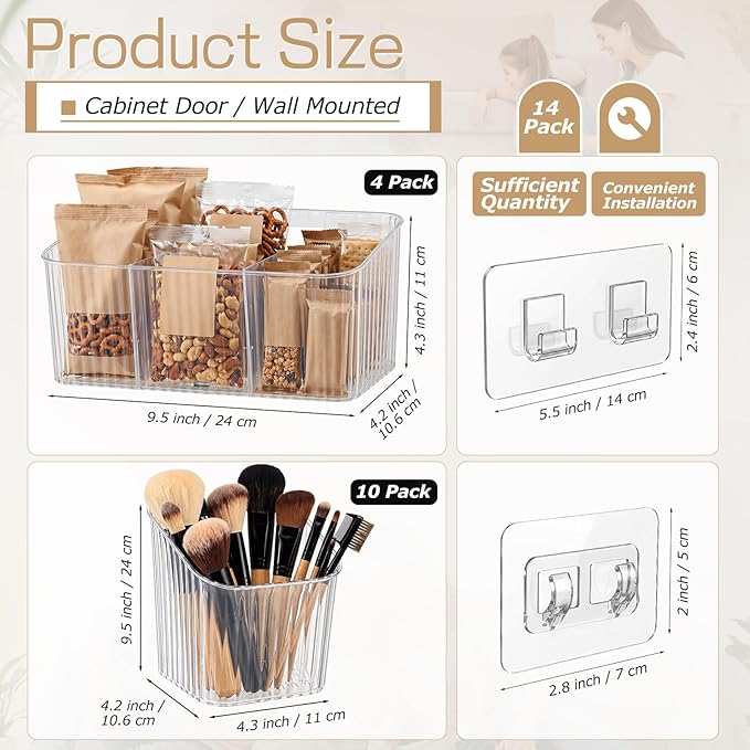 14 Pack Cabinet Door Organizer Adhesive Wall Mount Storage Bins Clear Makeup Containers Stackable Organizer Basket for Kitchen Cabinets, Bathroom, Pantry, Office, Refrigerator, Tabletop
