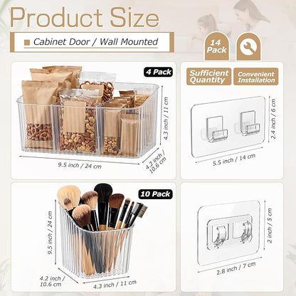 14 Pack Cabinet Door Organizer Adhesive Wall Mount Storage Bins Clear Makeup Containers Stackable Organizer Basket for Kitchen Cabinets, Bathroom, Pantry, Office, Refrigerator, Tabletop