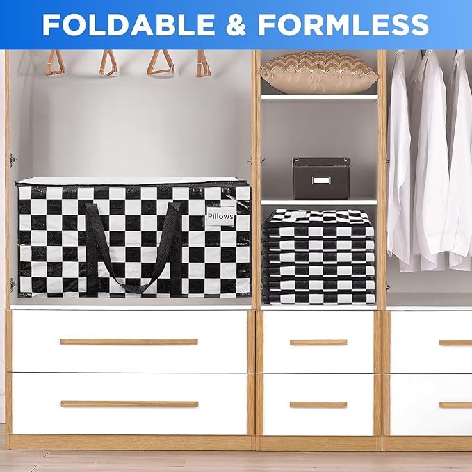 BETU 1 Pack Moving Bags Moving Storage College Dorm Camping Packing Travel PE Heavy Duty, Sturdy Handle, Zipper Large Storage Tote Bag Moving Boxes Box Alternative - White Plaid 29L x 15W x 15H