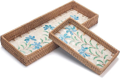 2 Pack Rattan Bathroom Vanity Tray with Mother of Pearl Inlay, Toilet Tank Tray, Toilet Basket Tank Topper, Bathroom Basket for Organizing and Decor (Narcissus)