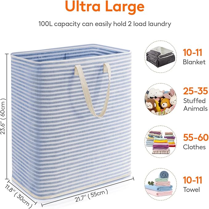 Lifewit 1 Pack Laundry Basket 100L Each, Collapsible Clothes Hamper with Reinforced Handles, Freestanding Waterproof Design for Bedroom and Laundry Room, Blue 100L Total
