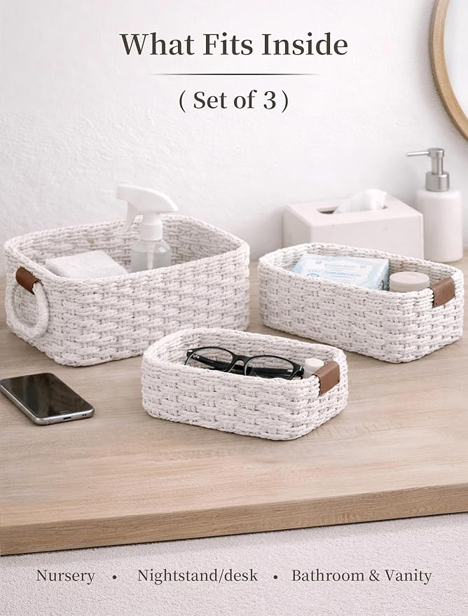 Storage Basket, Recycled Paper Rope Bathroom Basket Organizer, 3Pcs Small Baskets for Organizing, Mini wicker Basket for Decorative Storage Bins, Shelves, Bathroom, Cabinet - White