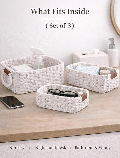 Storage Basket, Recycled Paper Rope Bathroom Basket Organizer, 3Pcs Small Baskets for Organizing, Mini wicker Basket for Decorative Storage Bins, Shelves, Bathroom, Cabinet - White
