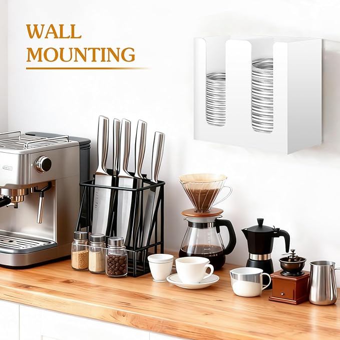 White Mason Jar Lid Organizer (Wide Mouth & Regular Mouth) 2 Compartment Cup Dispenser Organizer Ball Jar Wooden Storage Accessories for Kitchen Coffee Tumbler Lids, Fit Mason/Canning/Bamboo Lids