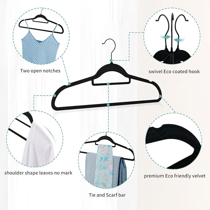 Black Velvet Hangers 30 Pack - Non Slip Clothes Hangers, Ultra Slim Hangers, Space Saving Swivel Black Hook, Suit, Top, Tie, Shirt, Skirt & Pant Felt Hangers, Black Hangers
