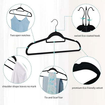 Black Velvet Hangers 30 Pack - Non Slip Clothes Hangers, Ultra Slim Hangers, Space Saving Swivel Black Hook, Suit, Top, Tie, Shirt, Skirt & Pant Felt Hangers, Black Hangers