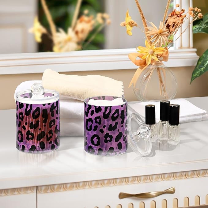 ALAZA 2 Pack Qtip Holder Dispenser for Cotton Ball Leopard Purple Print Pattern Cotton Swab Round Pads Clear Plastic Acrylic Jar Set Bathroom Canister