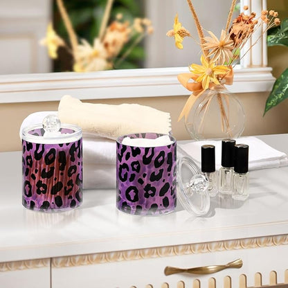 ALAZA 2 Pack Qtip Holder Dispenser for Cotton Ball Leopard Purple Print Pattern Cotton Swab Round Pads Clear Plastic Acrylic Jar Set Bathroom Canister