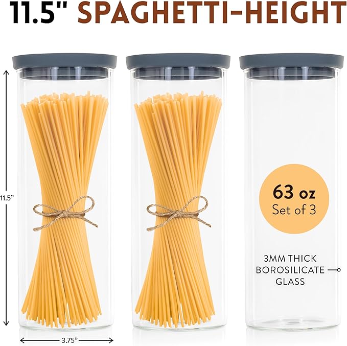 Glass Spaghetti Kitchen Storage Containers with Airtight Silicone Lids, BPA-Free Pantry Glass Storage Jars with Airtight Lid for Pasta and Dry Foods - Set of 3 with Portion Tool