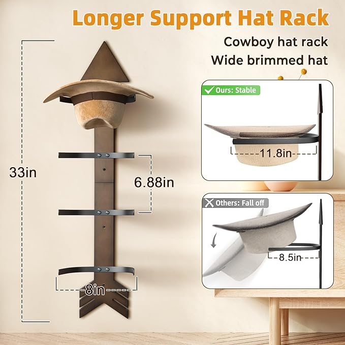 Cowboy Hat Holder Rustic Wood Arrow Design Hat Organizer 4 Pieces Cowboy Hat Rack Western Decor Hat Storage Hanger for Display and Organization Walnut