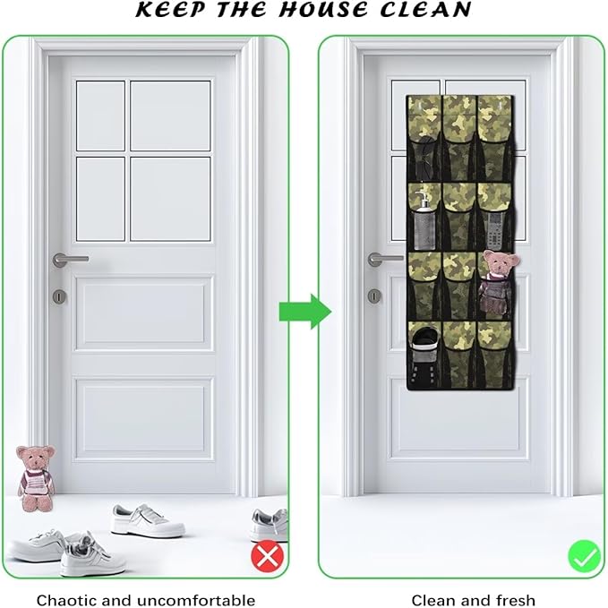 Over the Door Shoe Organizer 12 Large Pockets Green Camouflage Hanging Shoe Organizer for Closet Sturdy Oxford Fabric Door Shoe Organizer
