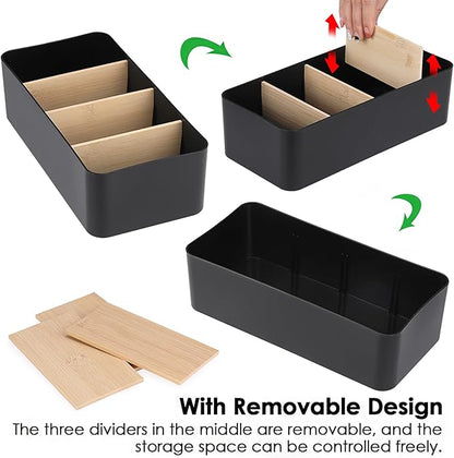BSTKEY Seasoning Packet Organizer, Food Storage Organizer with Divided 4 Bamboo Wood Compartments, Black Plastic Storage Caddy for Pantry Cabinet, Kitchen Organization Bin for Snacks Spice Packets