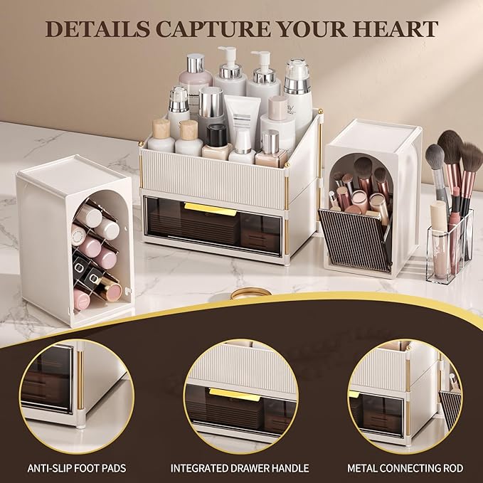 INVSSENE Stackable Makeup Organizer Countertop, Storage Perfume Skincare Cosmetic Lipstick Face Mask Makeup Brush Palettes, Ideal for Vanity Bathroom Counter