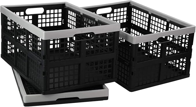 Vababa 42 L Plastic Stackable Collapsible Storage Crate, 3-Pack Stacking Folding Storage Basket