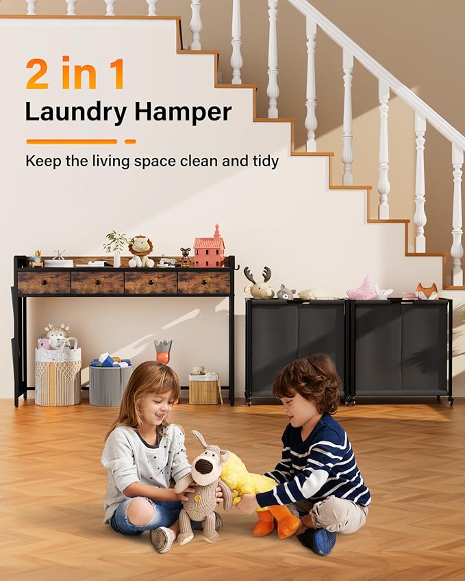 Laundry Sorter 4 Section: Laundry Hamper Basket with Shelf and Wheels - Rolling Laundry Basket Organizer with Fabric Drawers and Pull-Out Cart - Clothes Hamper for Laundry Room Bathroom Bedroom