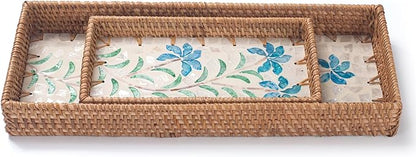 2 Pack Rattan Bathroom Vanity Tray with Mother of Pearl Inlay, Toilet Tank Tray, Toilet Basket Tank Topper, Bathroom Basket for Organizing and Decor (Narcissus)