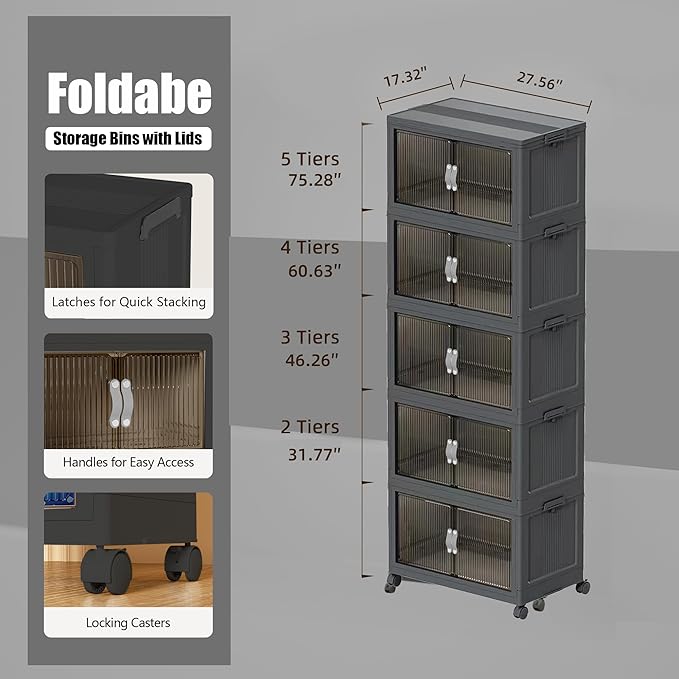 131QT Stackable Storage Bins with Lid & Door, Large Collapsible Plastic Storage Containers with Locking Wheel, Space Saving Foldable Organizer for Home Bedroom Office Gray 5T
