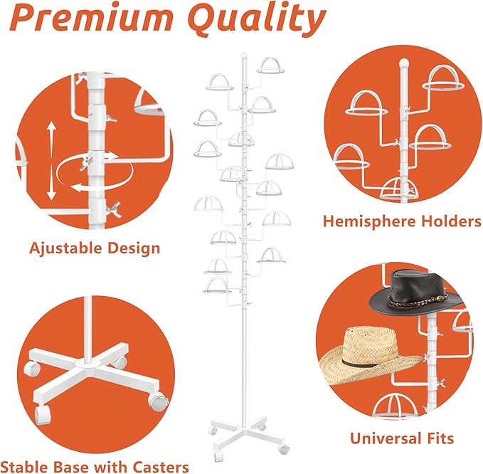 Montex Hat Rack Stand 15 Hooks, Hat Display Stand Metal, Hat Display for Stores, 15 Customizable Circular Hooks (White)