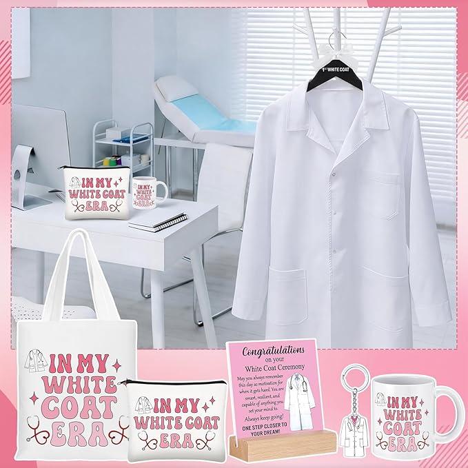 Gerrii 6 Pcs White Coat Ceremony Gifts for Women Medical Student Include First White Coat Hanger Mugs Pink Tote Bag Makeup Bag Keychain Ceremony Sign for Med School Pharmacist New Doctor