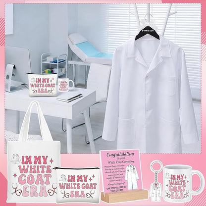 Gerrii 6 Pcs White Coat Ceremony Gifts for Women Medical Student Include First White Coat Hanger Mugs Pink Tote Bag Makeup Bag Keychain Ceremony Sign for Med School Pharmacist New Doctor