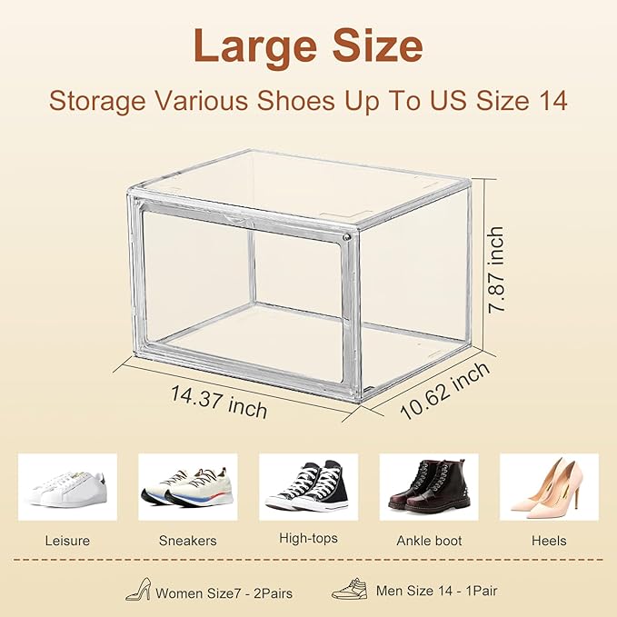 eYotto 1 Pack Acrylic Clear Shoe Storage Boxes Stackable, Acrylic Shoe Box US Size 14, Large Clear Shoe Organizer With Magnetic Door for Closet Cabinet Sneaker Hat Handbag