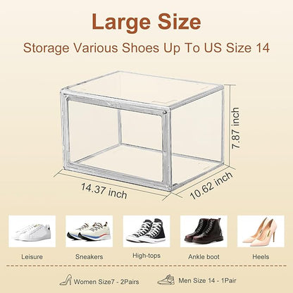 eYotto 1 Pack Acrylic Clear Shoe Storage Boxes Stackable, Acrylic Shoe Box US Size 14, Large Clear Shoe Organizer With Magnetic Door for Closet Cabinet Sneaker Hat Handbag