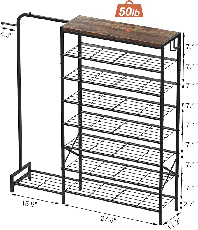 Shoe Rack with Coat Rack, 8 Tier Tall Shoe Storage Organizer with Hooks, 3-in-1, Wooden Top Shelf, Sturdy Frame, Metal Clothes Hanger Stand for Entryway, Closet, Rustic Brown and Black