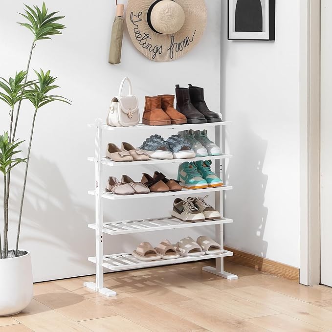 Varhomax White Shoe Rack, 5-Tier Bamboo Shoe Rack Organizer for Closet and Entryway, Thick Wooden Free Standing Shoe Shelf for Small Spaces, Sturdy & Versatile for Bedroom and Garage