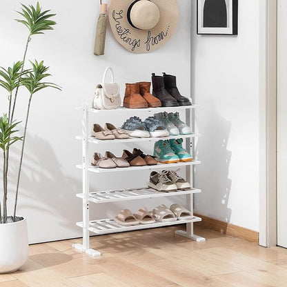 Varhomax White Shoe Rack, 5-Tier Bamboo Shoe Rack Organizer for Closet and Entryway, Thick Wooden Free Standing Shoe Shelf for Small Spaces, Sturdy & Versatile for Bedroom and Garage