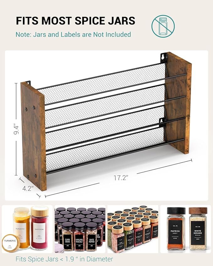NESAPTO Spice Rack Organizer for Cabinet, Wood 4-Tier Vertical Seasoning Organizer, Wall Mount or Countertop Spice Shelf, Holds 36 Jars (No Jars Included), 17.2" W x 9.4" H