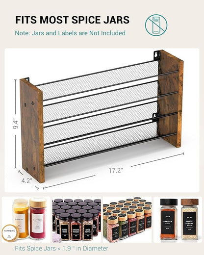 NESAPTO Spice Rack Organizer for Cabinet, Wood 4-Tier Vertical Seasoning Organizer, Wall Mount or Countertop Spice Shelf, Holds 36 Jars (No Jars Included), 17.2" W x 9.4" H