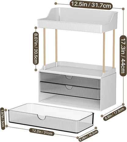 caktraie Bathroom Organizers and Storage - 3 Drawers 2 Tier Makeup Organizer, Cosmetic Storage Drawer for Dresser Countertop and Bathroom Vanity for Large Skincare, Perfume, Grey