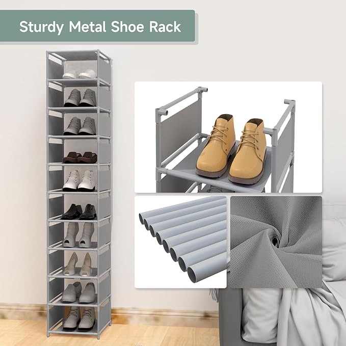 10 Tier Vertical Shoe Rack - Grey Narrow Shoe Rack for Closet & Entryway, Space Saving Tall Shoe Organizer for Small Spaces, Sturdy Skinny Shoe Tower Stand for Boots & Heels, Grey