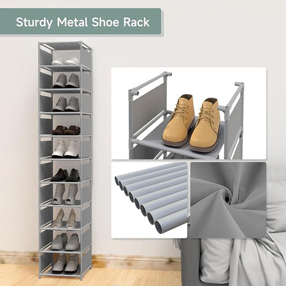 10 Tier Vertical Shoe Rack - Grey Narrow Shoe Rack for Closet & Entryway, Space Saving Tall Shoe Organizer for Small Spaces, Sturdy Skinny Shoe Tower Stand for Boots & Heels, Grey