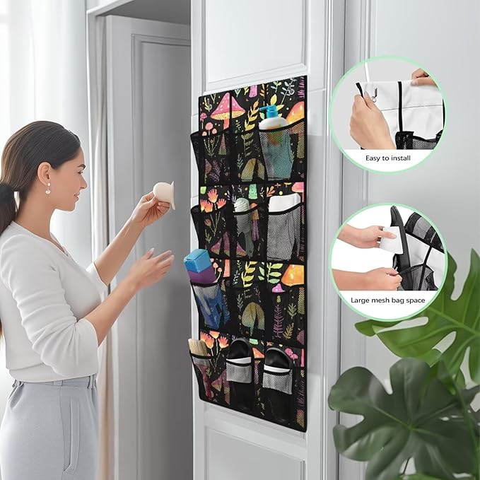 Mushroom Design Over The Door Pantry Organizer,Hanging Baskets with 12 Mesh Large Pockets,Over The Door Organizer,Pantry Organizers and Storage,Stable Spice Rack for Kitchen,Bathroom