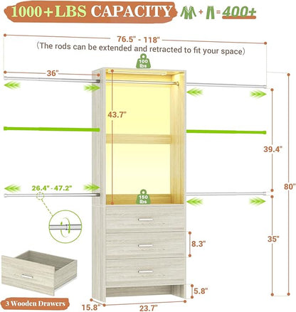 Aheaplus Closet System with Motion-Sensing Light, 3 Wooden Drawers and 4 Hanging Rods, Customizable Walk-in Closet Organizer with 3CCT LED, Heavy Duty Garment Rack for Bedroom, White Oak